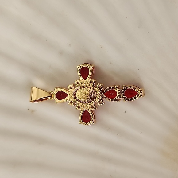 Gold Steel Cross Pendant Crystal Simulated Red Ruby Stones and Virgin Ma… - Picture 6 of 8